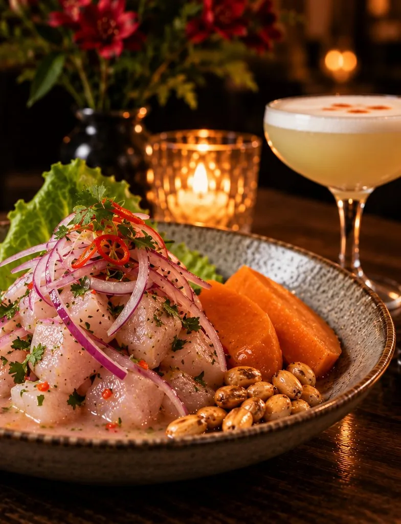 Ceviche de toda la vida with corvina, red onion, cilantro, sweet potato and Peruvian corn at Sabor Peruano