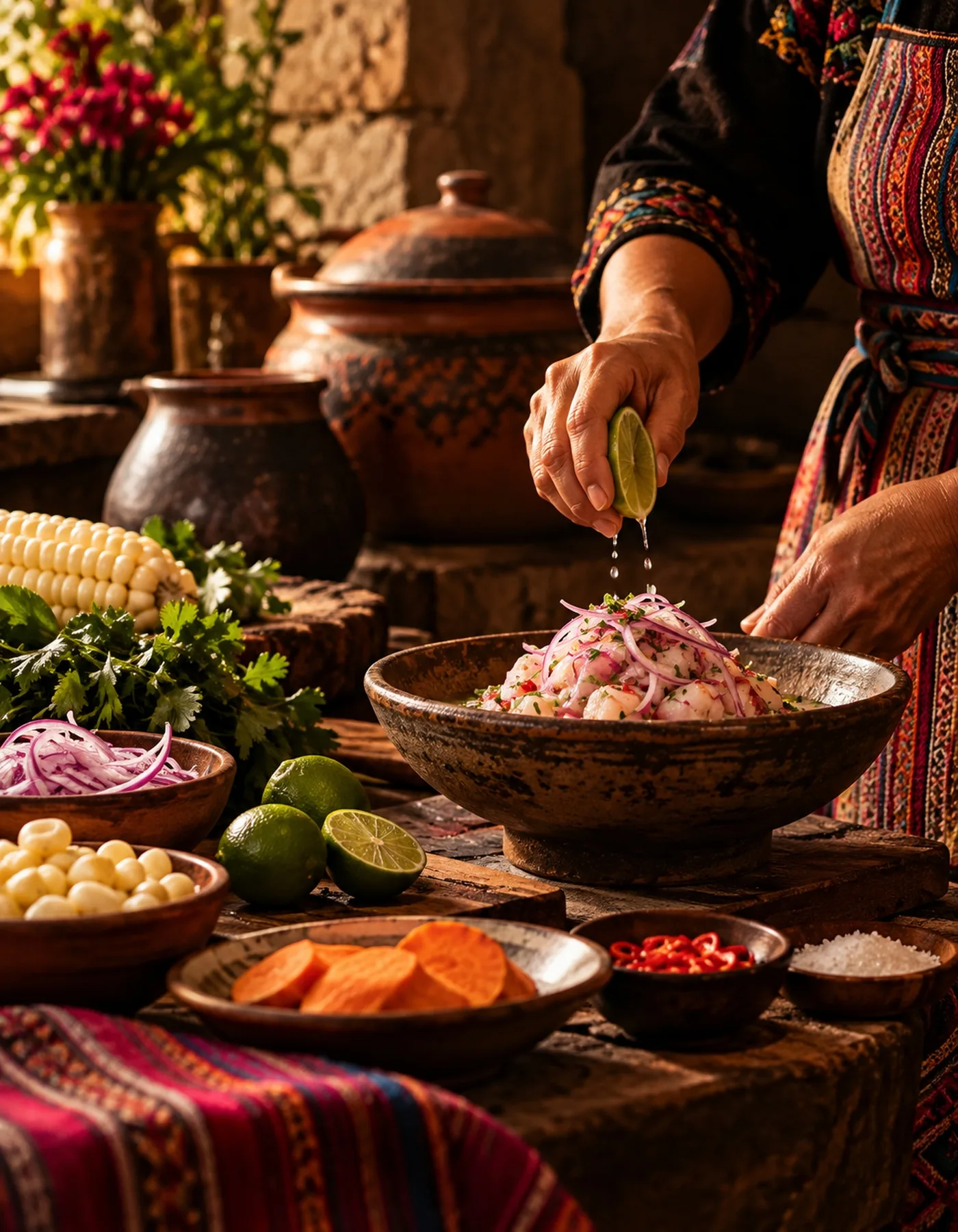 Traditional Peruvian ceviche preparation with lime, red onion, corn and sweet potato