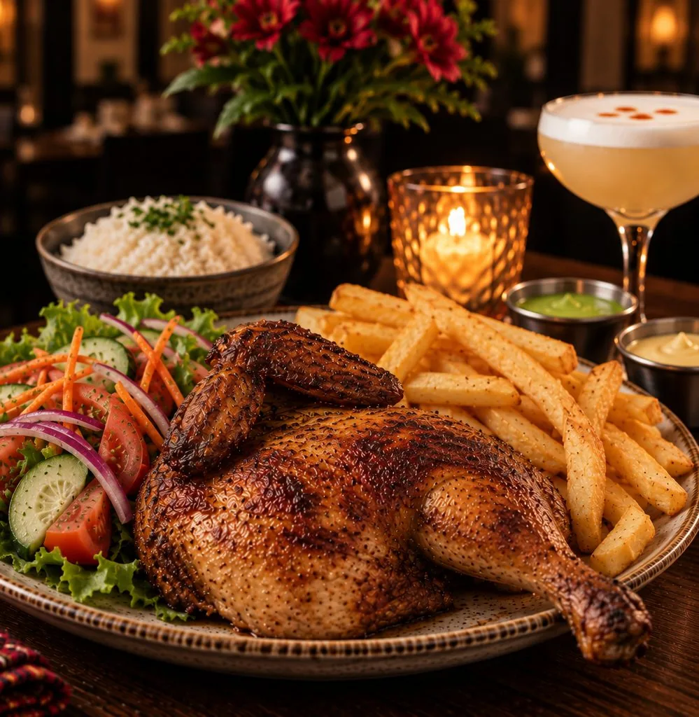 Pollo a la brasa Peruvian rotisserie chicken with fries and salad at Sabor Peruano