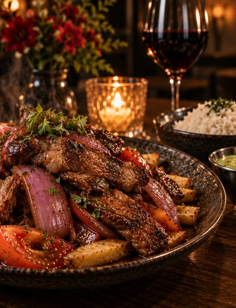 Lomito de ribeye wok-seared with red onion, tomato and crispy fries at Sabor Peruano