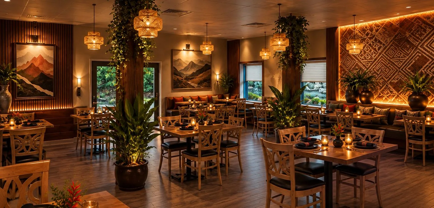 Warm, earthy dining room rendering for the Sabor Peruano Norwalk, CT location (planned design, not final photography)